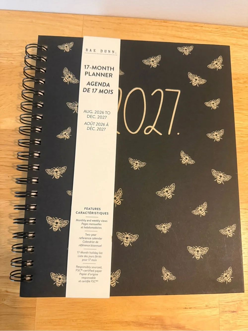 Rae Dunn Black Planner with Gold Bee Design - 2027